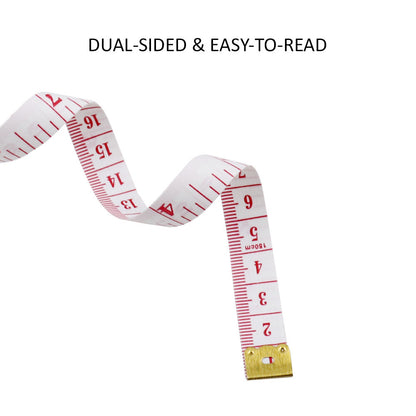 Measuring tape with red measurements on a white background