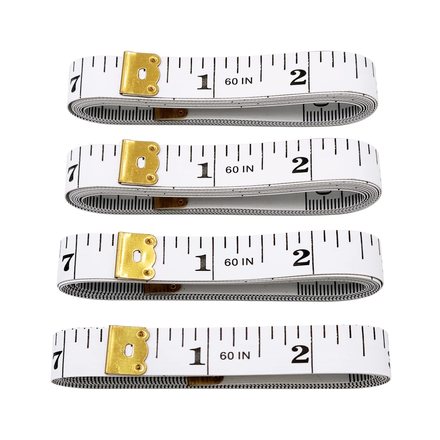 Three white measuring tapes with gold ends on a white background