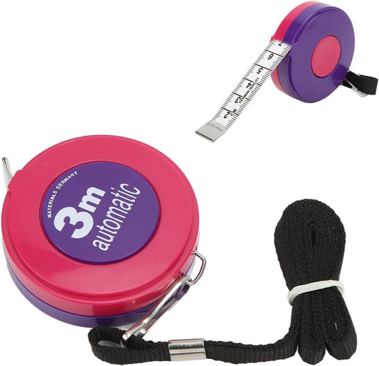 Pink and purple 3-meter automatic retractable sewing tape measure with an attached black lanyard neck strap.