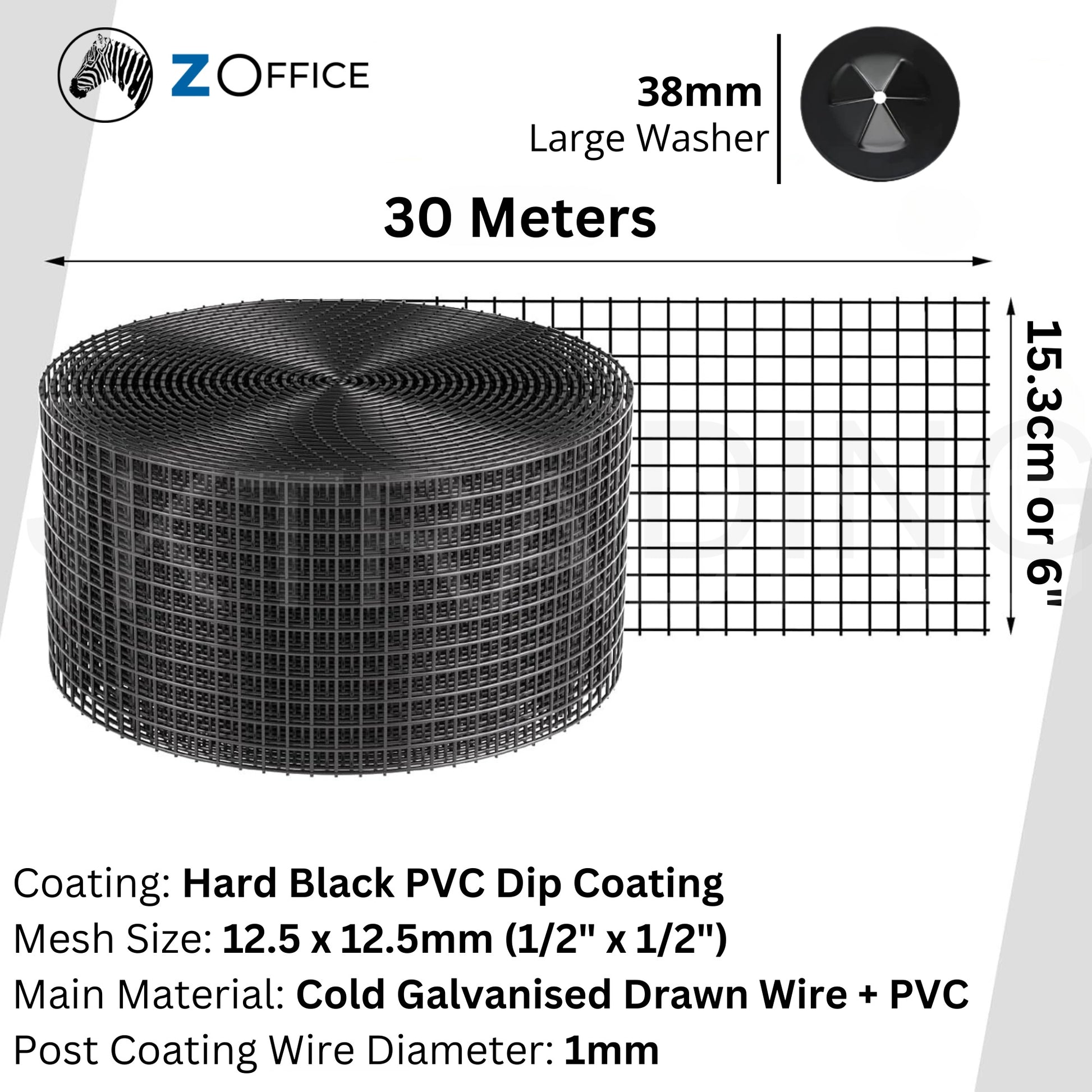 Roll of wire mesh with specifications and Z Office branding on a white background