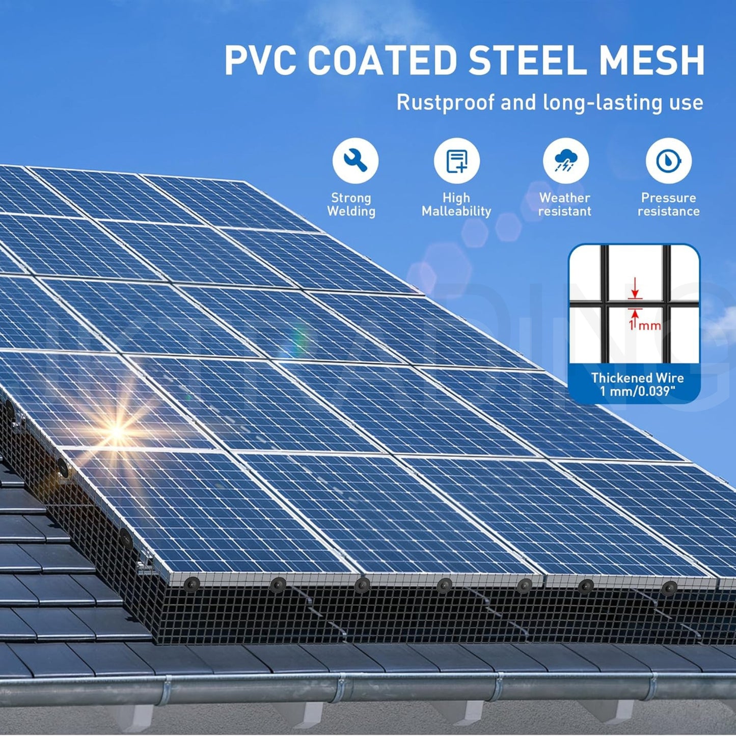 PVC Coated Steel Mesh on a solar panel with features highlighted