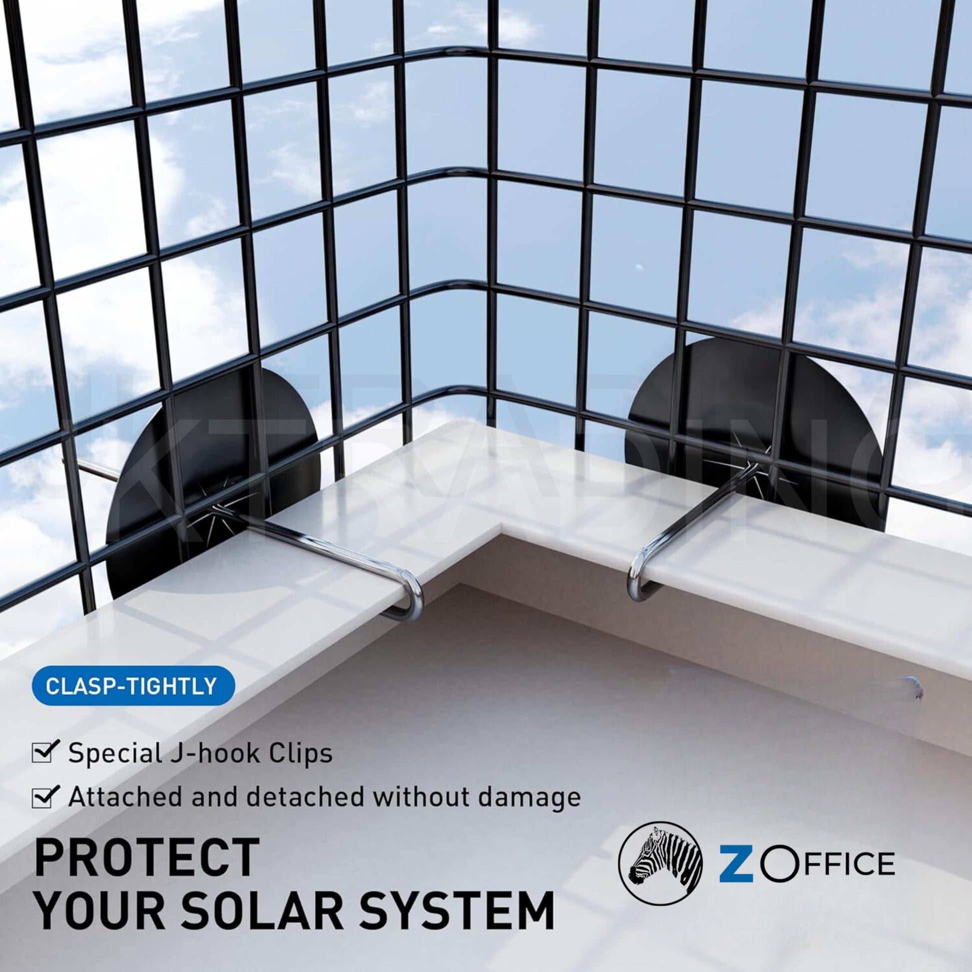 Solar panel mounting system with Z Office logo against a blue sky background