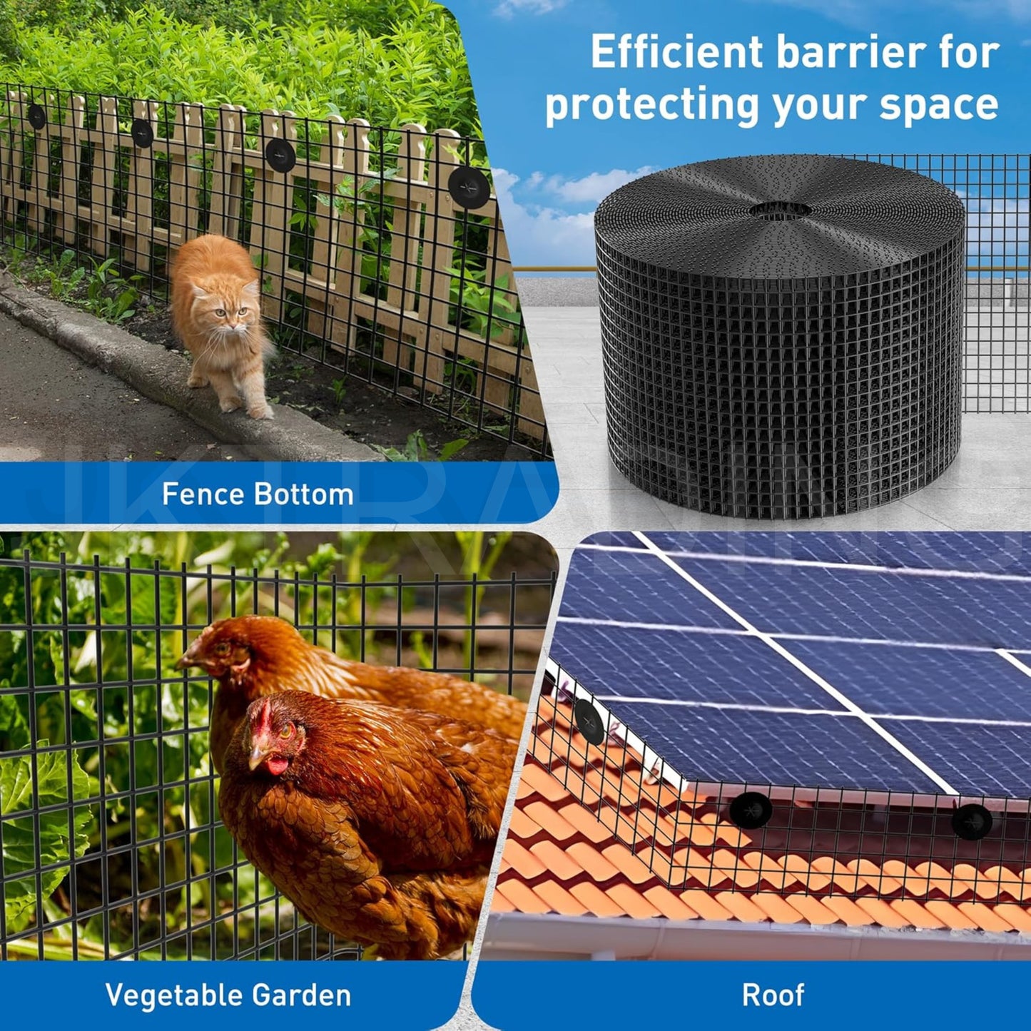 Black mesh barrier with applications on fence bottom, vegetable garden, and roof.