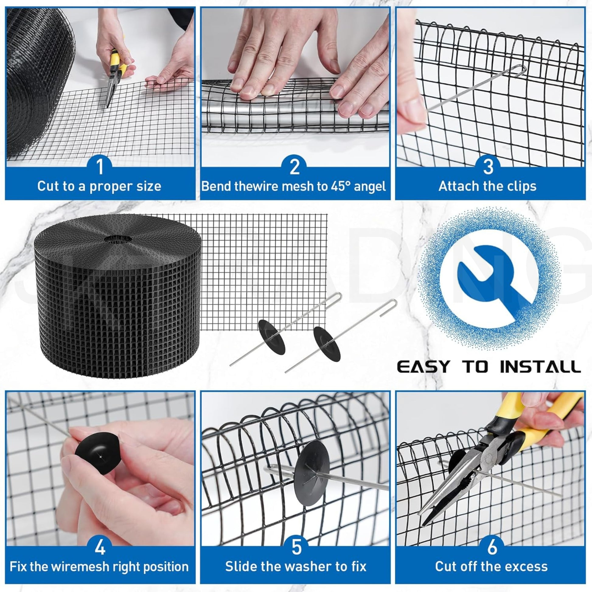 Step-by-step guide on how to install wire mesh with tools and hands.