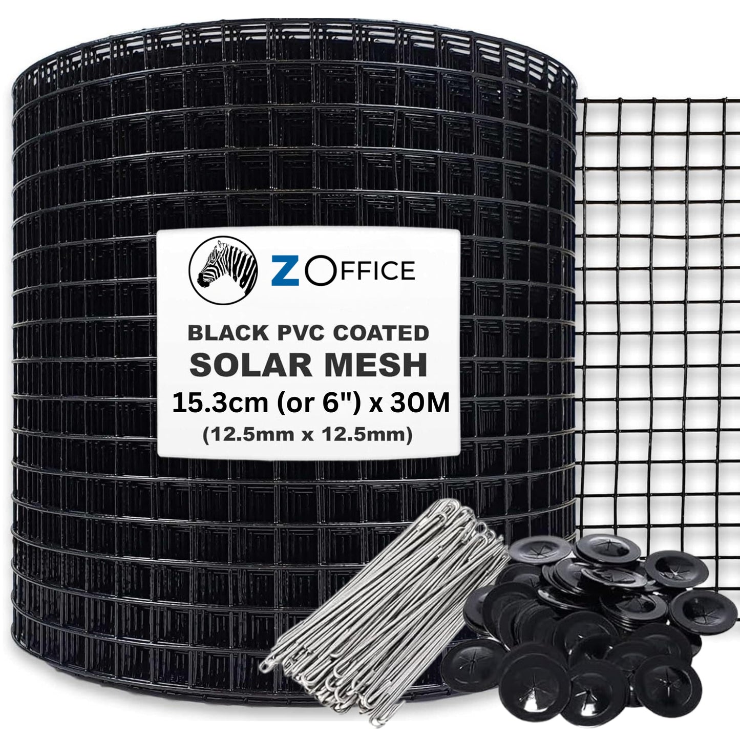 Roll of black PVC-coated solar mesh with accessories on a white background