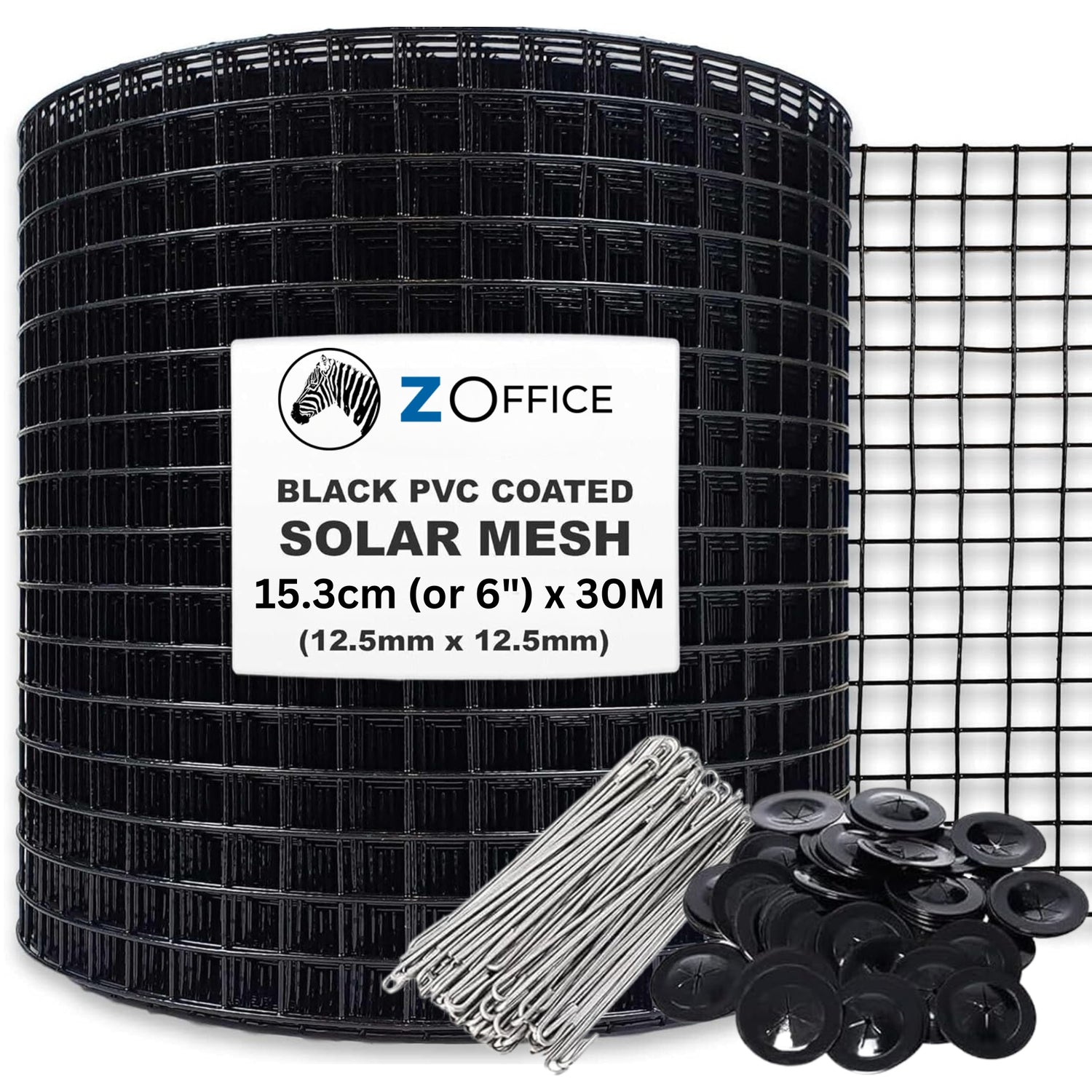 Roll of black PVC-coated solar mesh with accessories on a white background