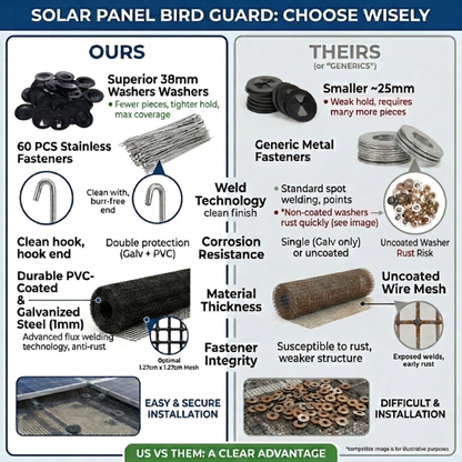 Comparison chart of solar panel bird guard components with 'OURS' and 'THEIRS' options.