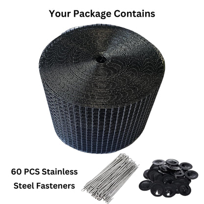 Roll of black wire mesh with stainless steel fasteners on a white background, featuring JK Trading logo.