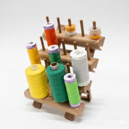 Free-standing wooden thread spool holder loaded with various colorful sewing and embroidery thread cones.