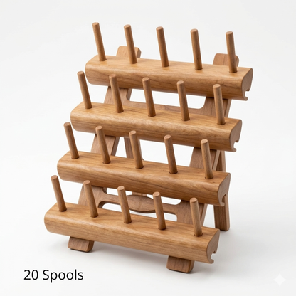Empty four-tier natural wooden thread storage rack with upright pegs isolated on a clean white background.