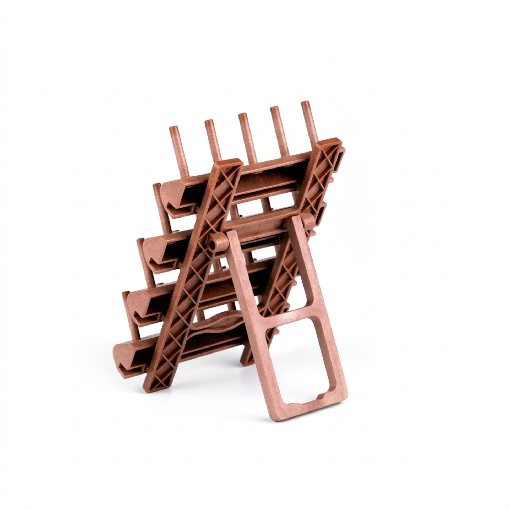 Back perspective of the freestanding wooden embroidery thread stand highlighting its collapsible folding leg mechanism.