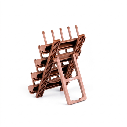 Back perspective of the freestanding wooden embroidery thread stand highlighting its collapsible folding leg mechanism.