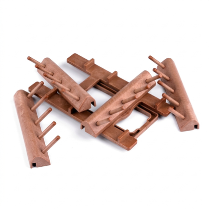 Disassembled components of a modular wooden thread organizer rack showing the individual peg tiers and side bars.