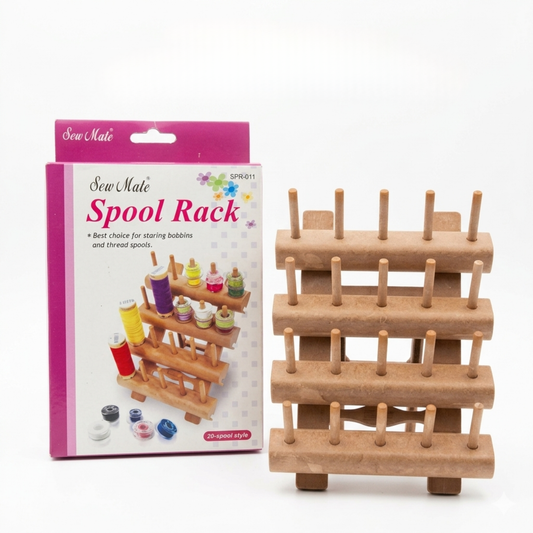 Sew Mate Spool Rack retail box packaging displayed next to the assembled 4-tier wooden thread organizer stand.