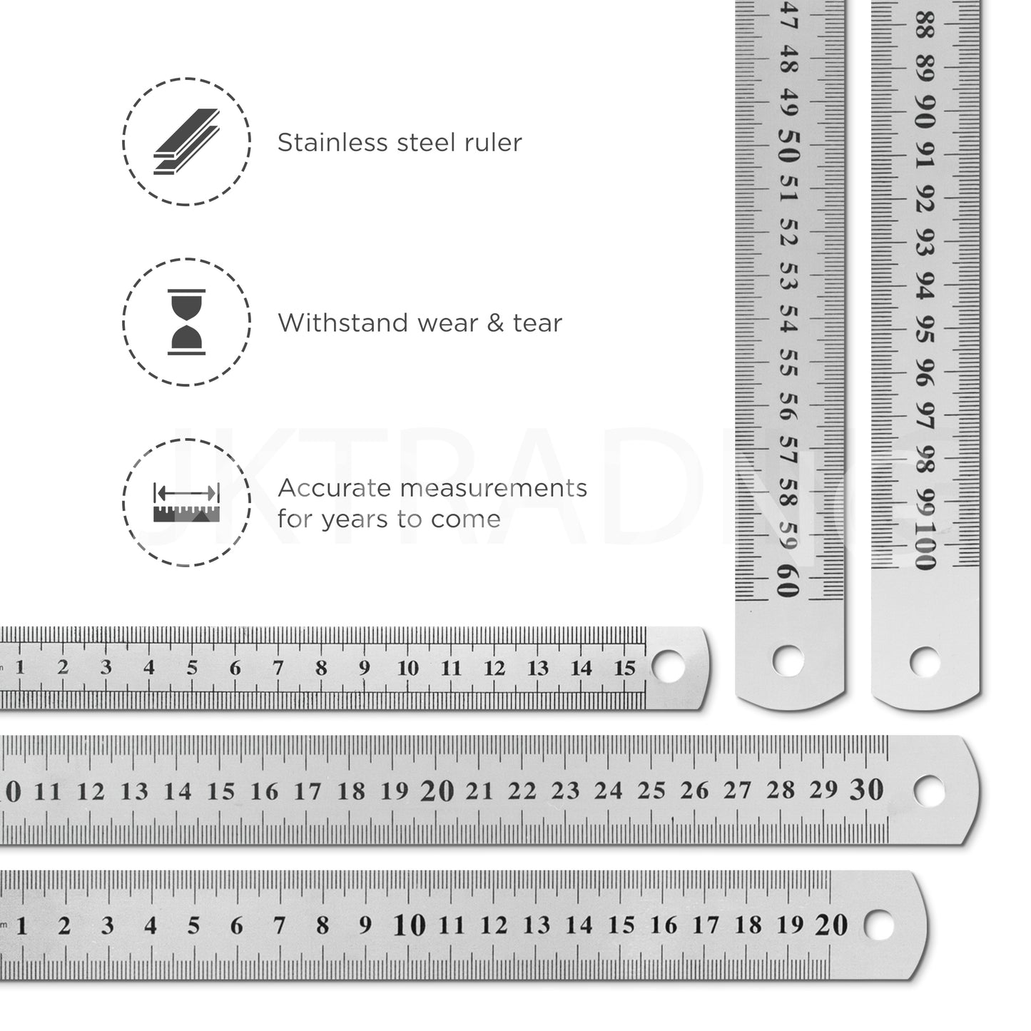 Product feature infographic highlighting the premium rust-proof steel body and rounded safety edges.
