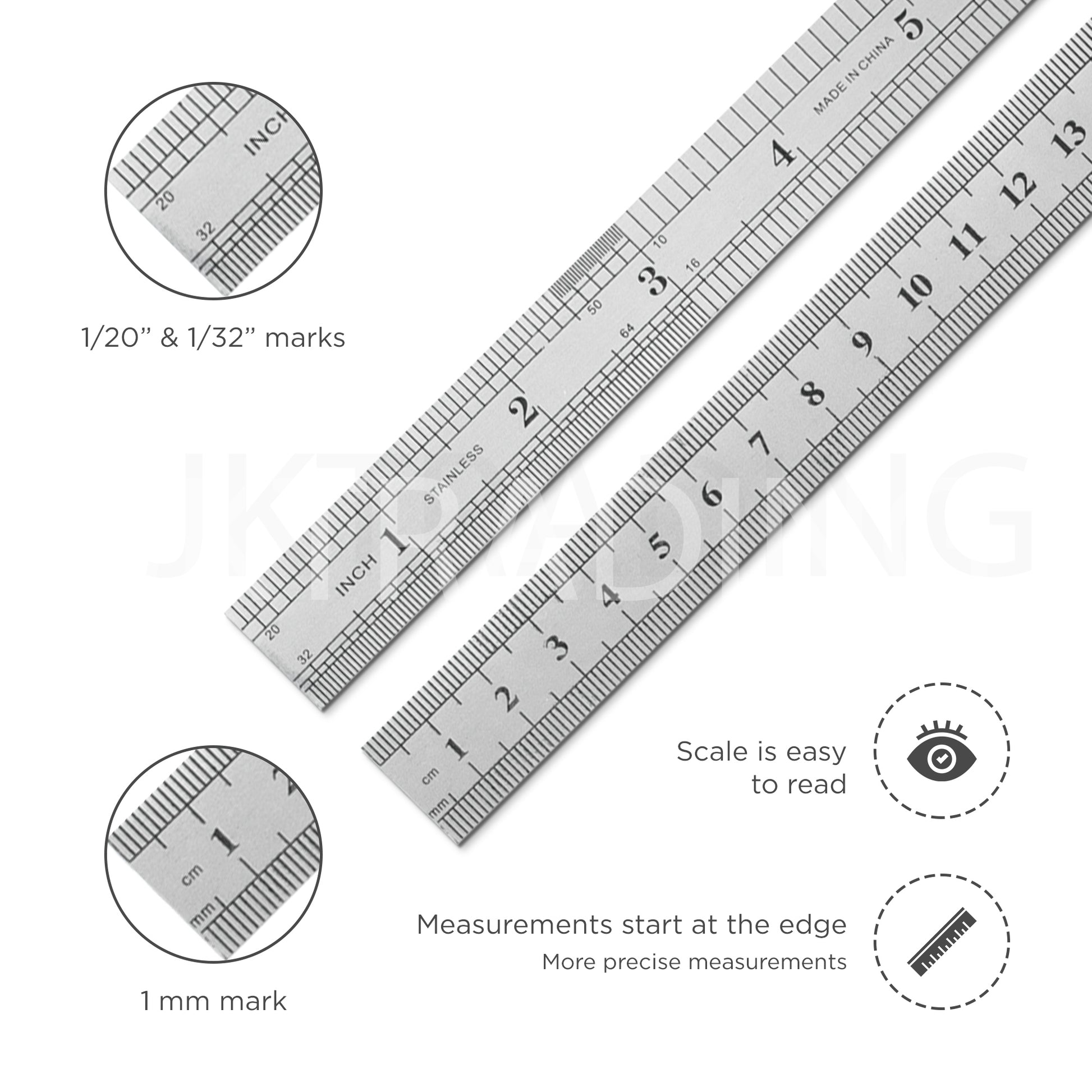 Close-up diagram showing the deeply etched metric and imperial graduation marks that won't fade.