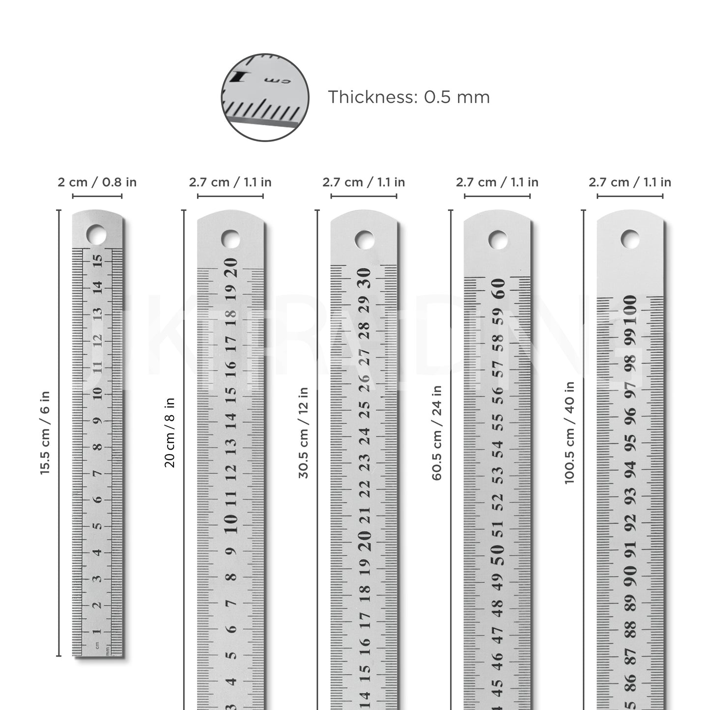 Graphic showcasing the exact thickness specifications and straight-edge profile comparison of the metal rulers.