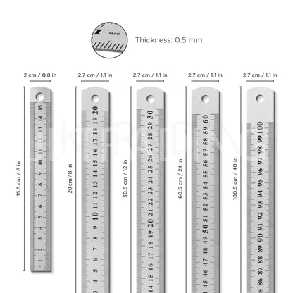 Graphic showcasing the exact thickness specifications and straight-edge profile comparison of the metal rulers.