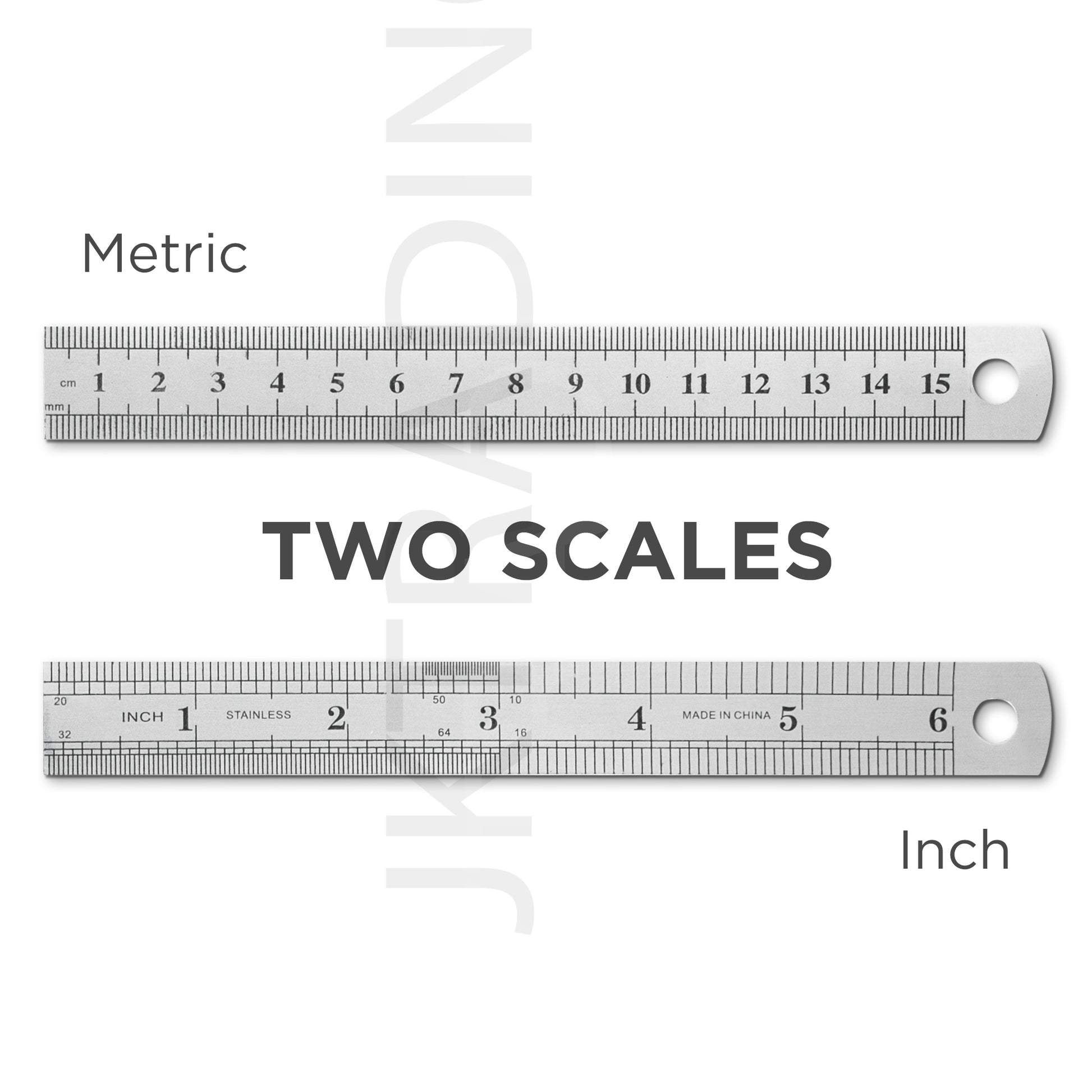 Close-up view emphasizing the dual-scale metric and inch measurement layout on a satin-finish steel ruler.