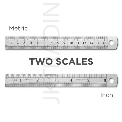 Close-up view emphasizing the dual-scale metric and inch measurement layout on a satin-finish steel ruler.