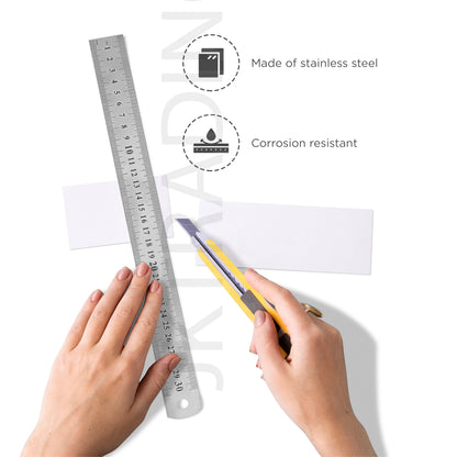 Technical drawing showing a hand using an hobby knife blade to score a clean line along a metal cutting edge.