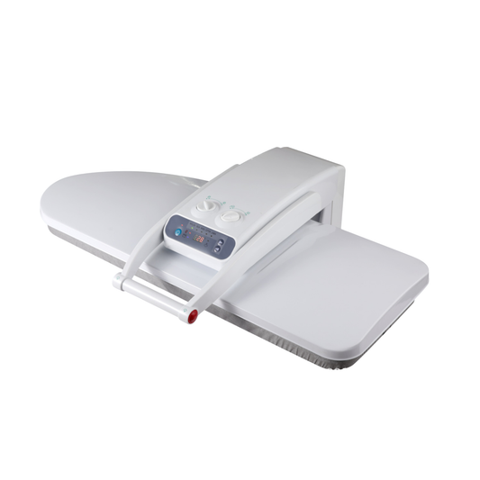 White steam iron press 80x31cm with a digital display on a white background
