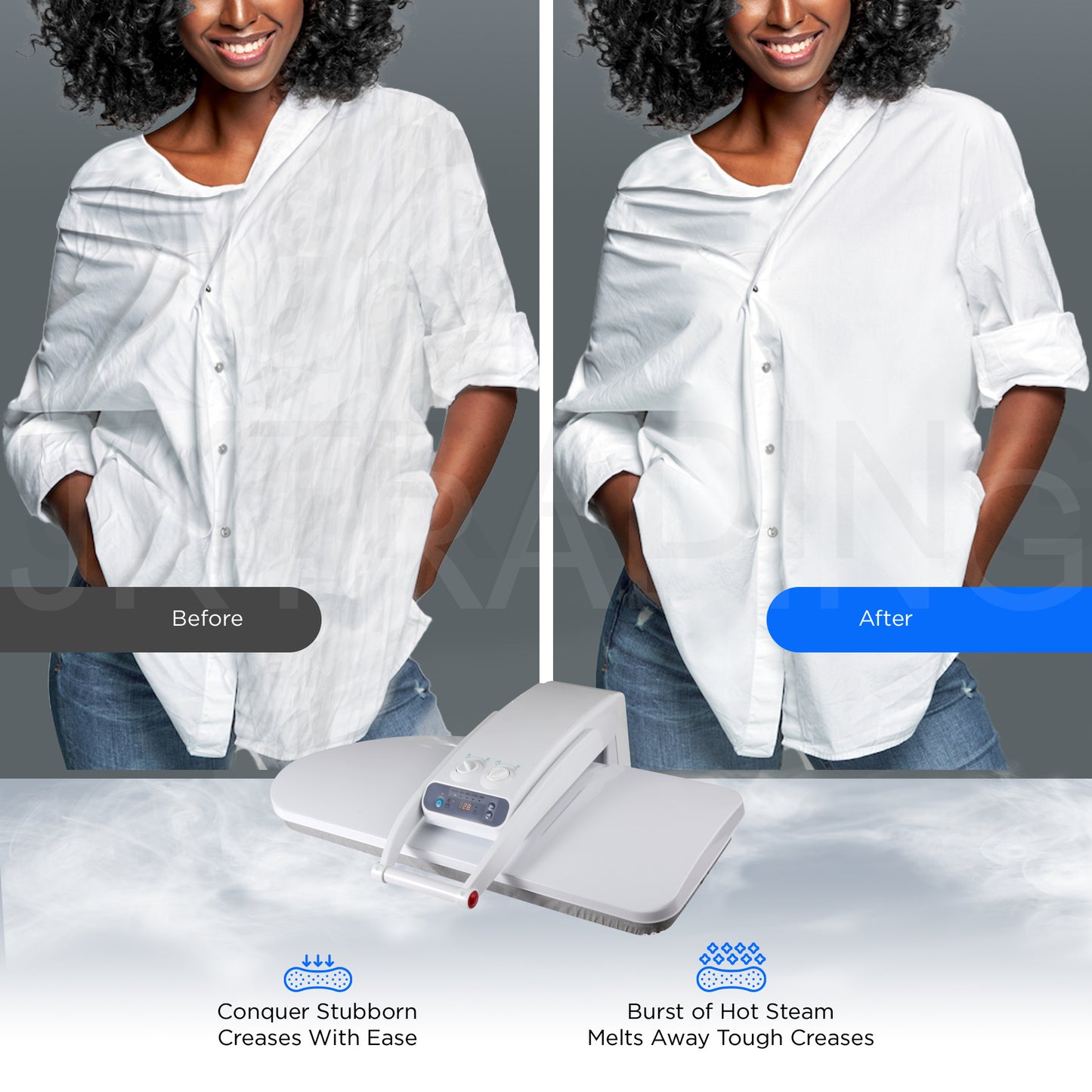Before and after comparison of a white shirt with a steam iron, showing crease removal.