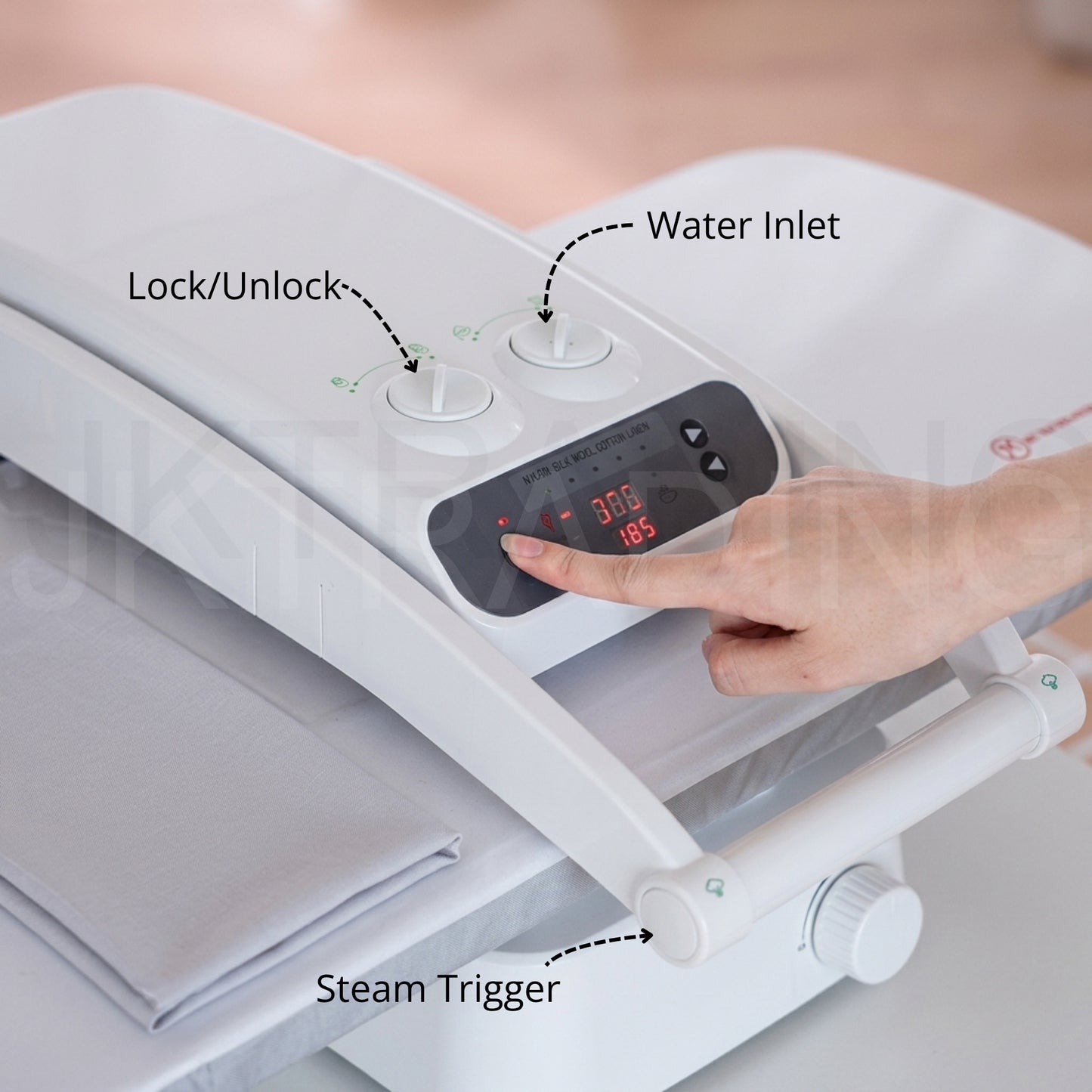 Steam iron with labeled parts including water inlet, lock/unlock, and steam trigger.