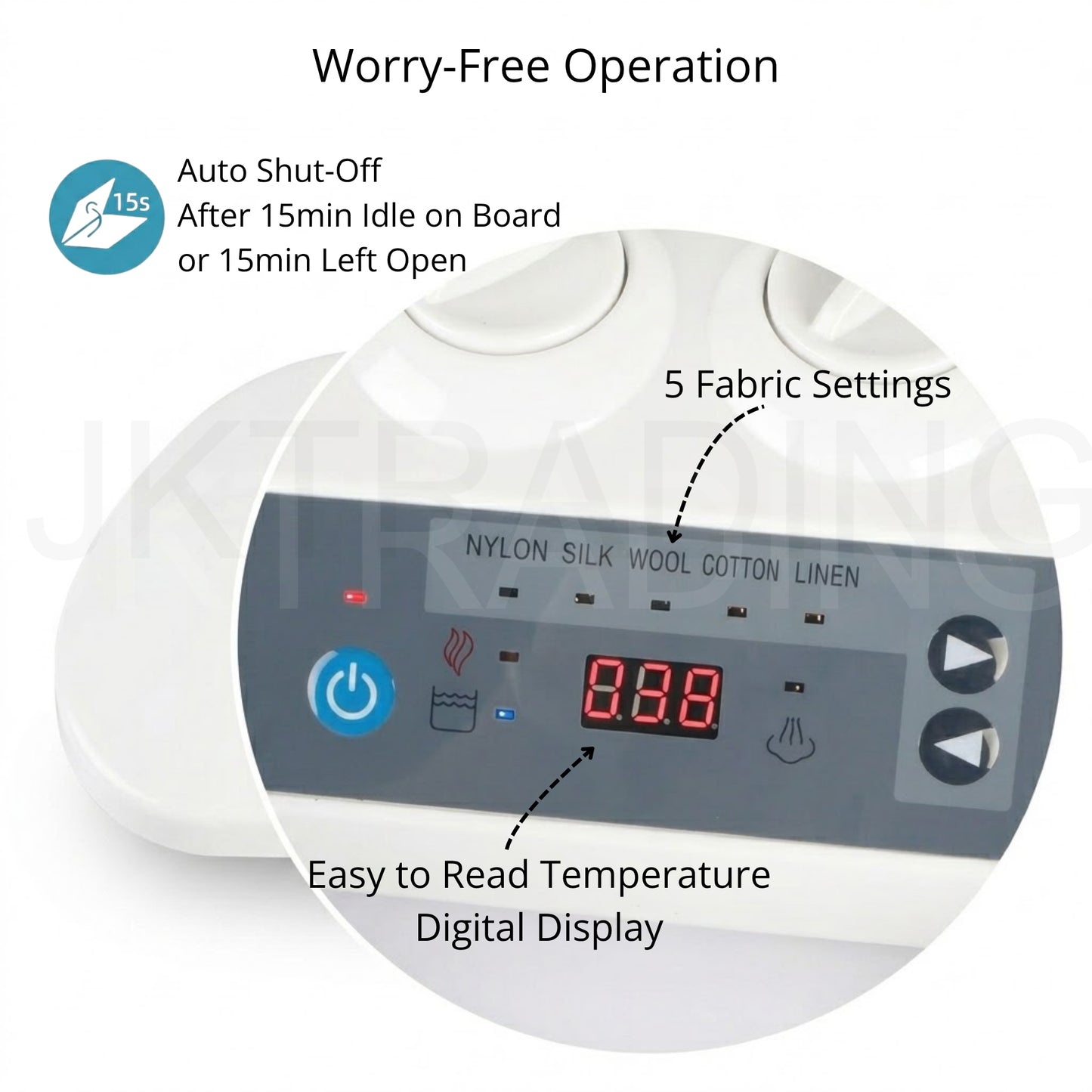 Control panel of a fabric steamer with digital display and text highlighting features.