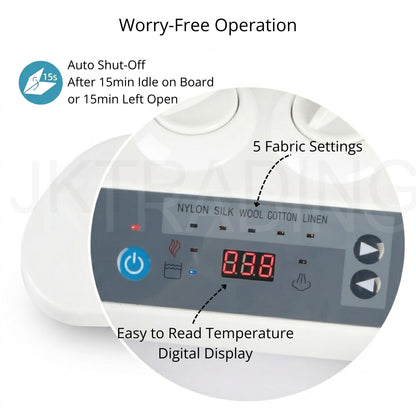 Control panel of a fabric steamer with digital display and text highlighting features.
