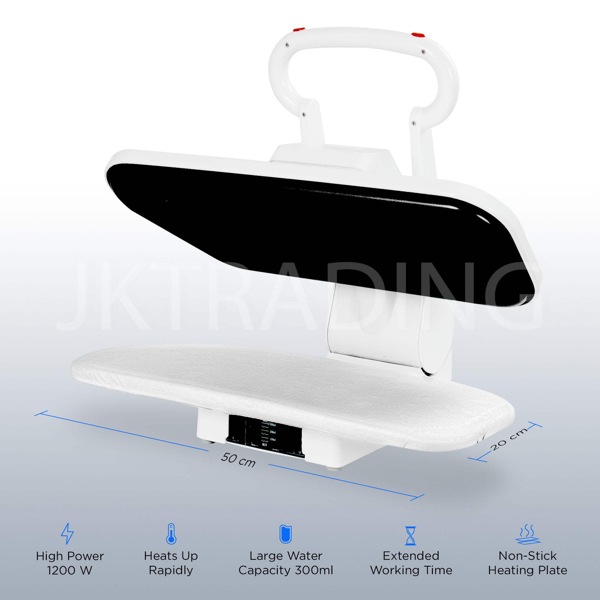 Open tabletop steam press machine highlighting its large capacity plate and non-stick ironing board cover.
