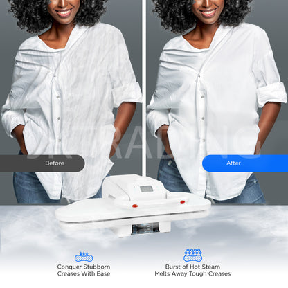 Before and after comparison displaying a heavily wrinkled white shirt restored cleanly by a digital cloth press.