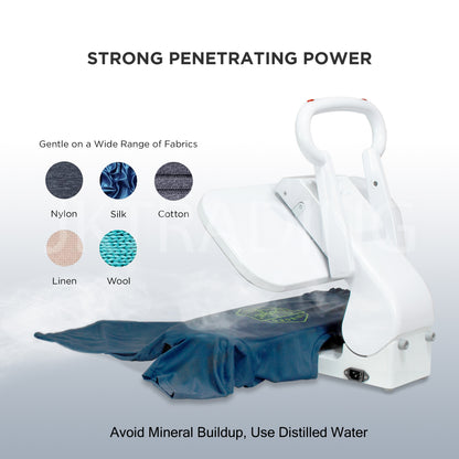 Ironing press machine demonstrating strong penetrating steam power on fabric with a multi-material dial chart.