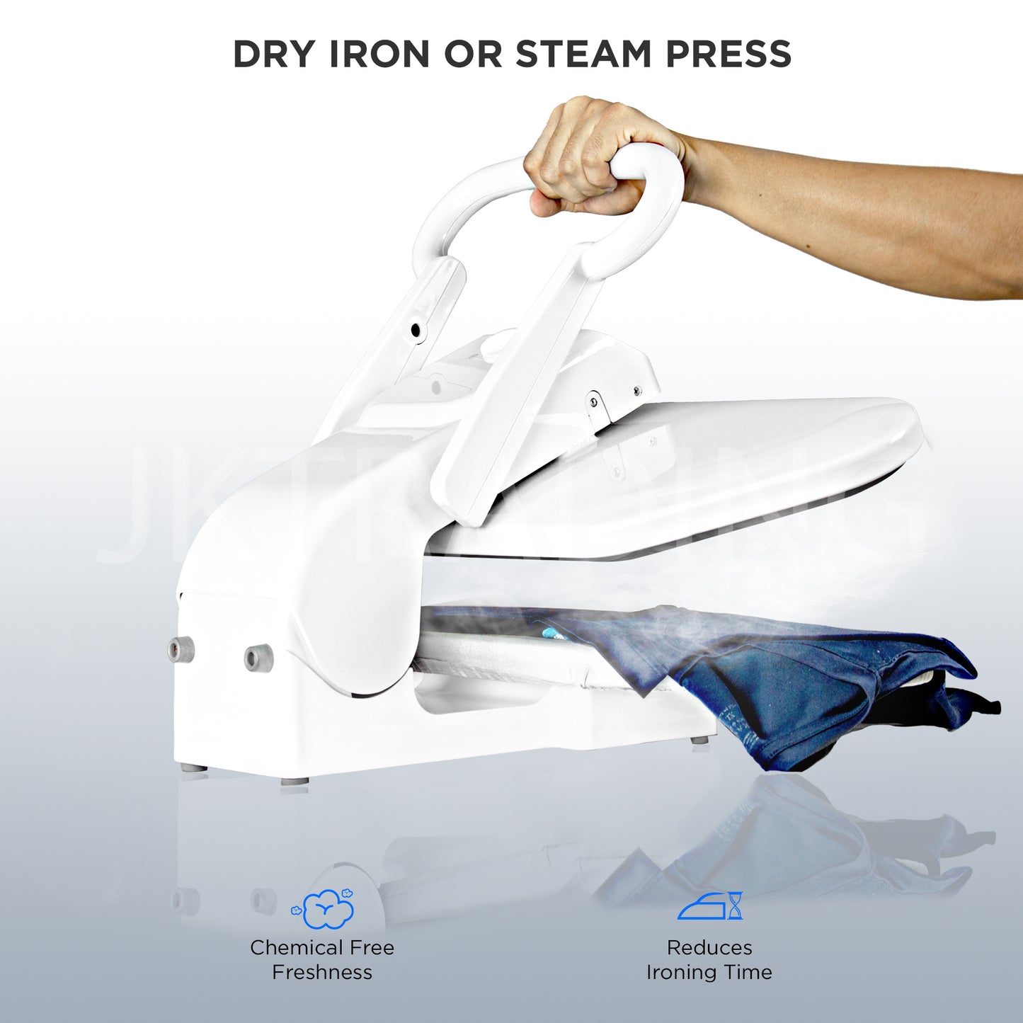 Side view of a white commercial laundry press showing dry iron or high-pressure steam press dual functionality.