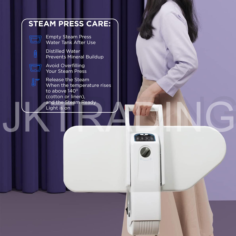 Compact vertical storage design of the portable tabletop shirt steam press resting neatly on a stand.