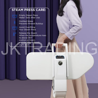 Compact vertical storage design of the portable tabletop shirt steam press resting neatly on a stand.