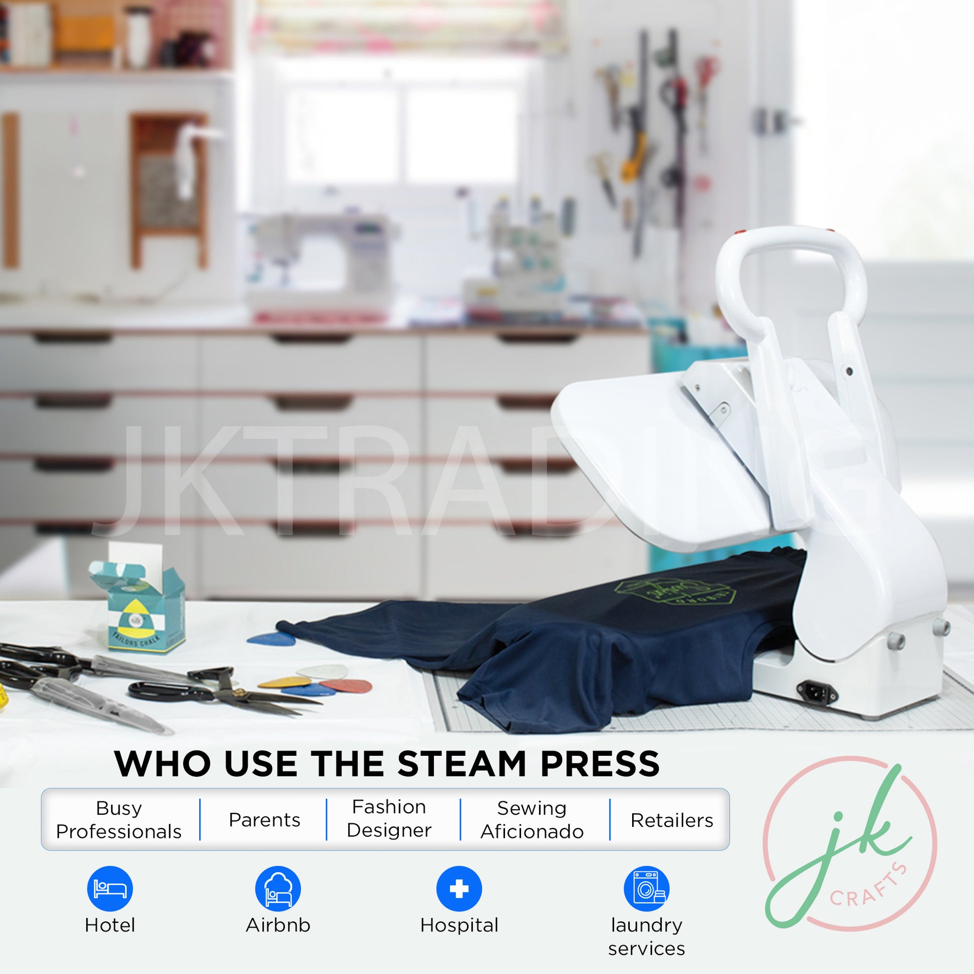 White fabric steam press machine set up on a home sewing studio desk workspace next to fabric sheets.