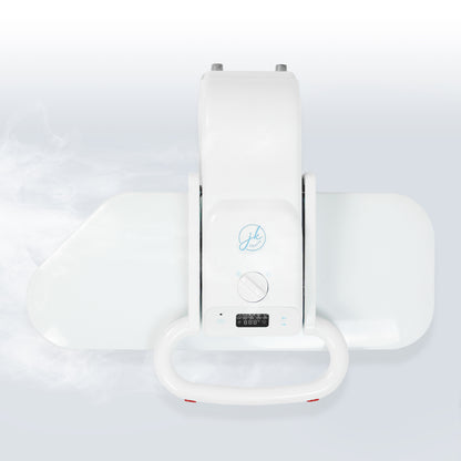 Overhead view of a sleek white digital fabric steam press machine with a wide pressing surface bed.