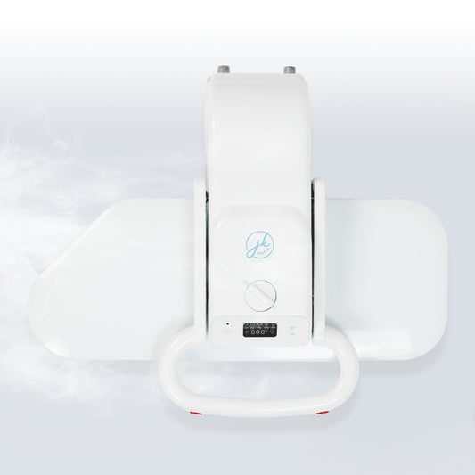 Overhead view of a sleek white digital fabric steam press machine with a wide pressing surface bed.