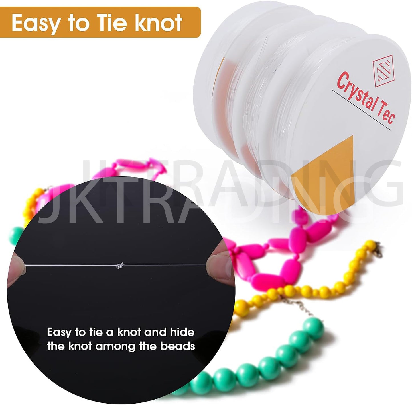 Colorful beaded necklace with 'Crystal Tec' packaging and text about easy knot tying.