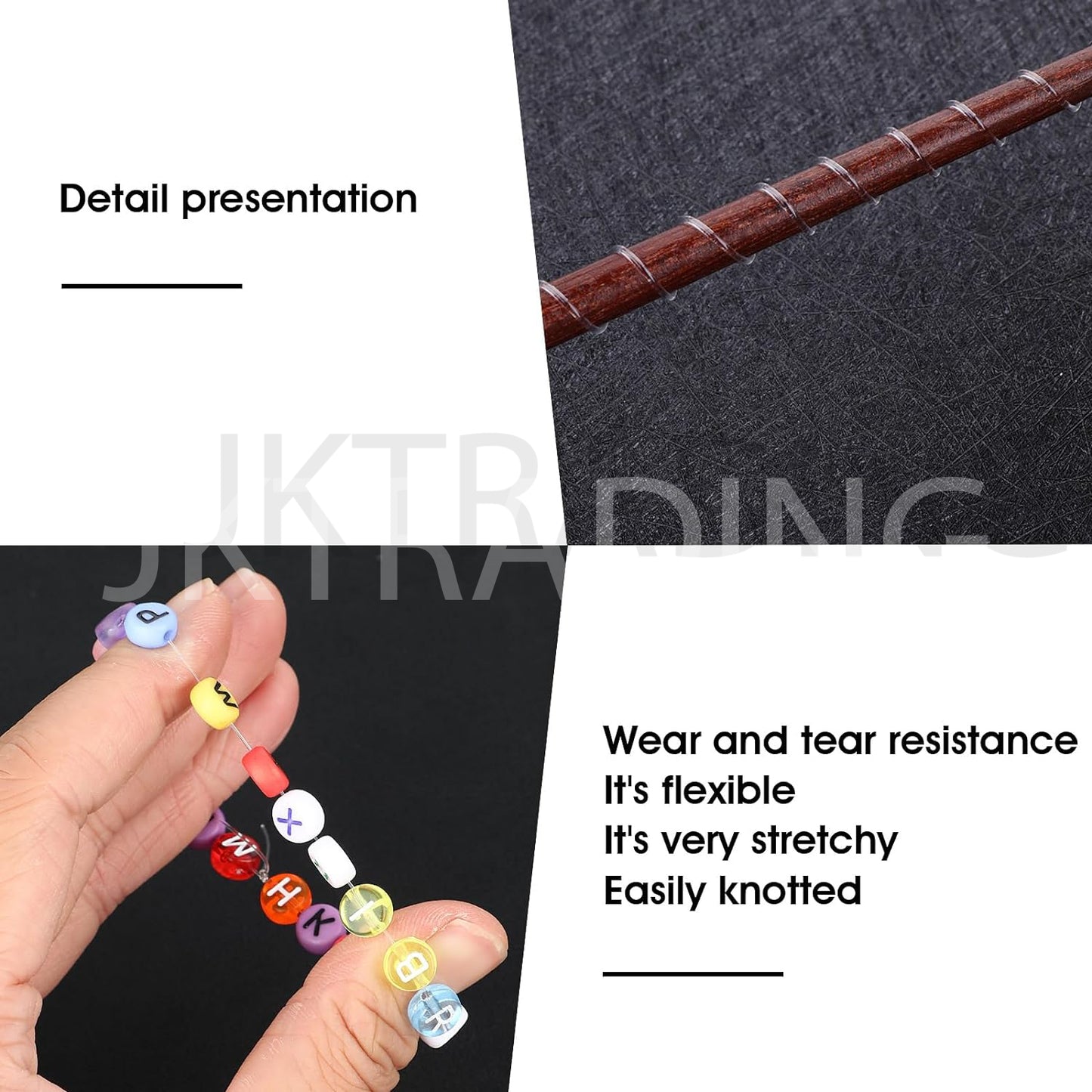 Textured fabric background with colorful letter beads and a hand holding them, featuring JKTrading branding.