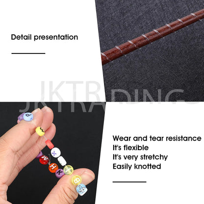 Textured fabric background with colorful letter beads and a hand holding them, featuring JKTrading branding.