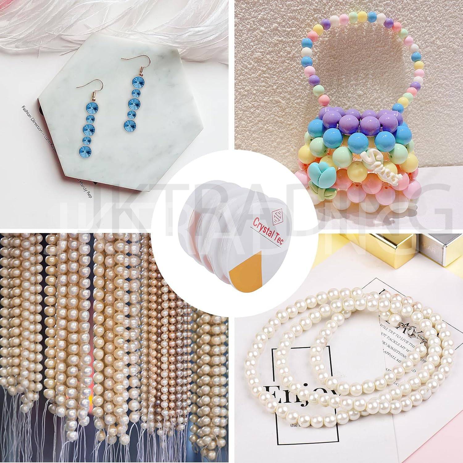 Collage of various pearl jewelry including earrings, bracelets, and necklaces on a white background.