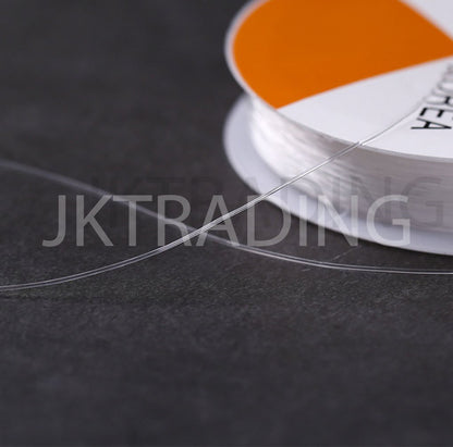 Close-up of a spool of clear thread with an orange label on a dark background.