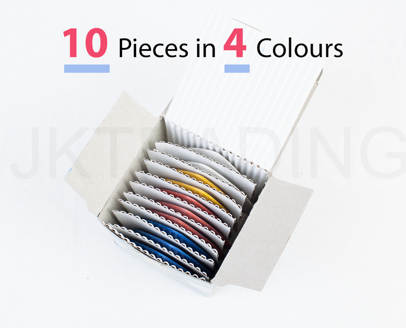 A retail box opening up to display a bulk pack of 10 pieces of professional fabric marking chalk in 4 colors.
