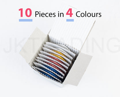 A retail box opening up to display a bulk pack of 10 pieces of professional fabric marking chalk in 4 colors.
