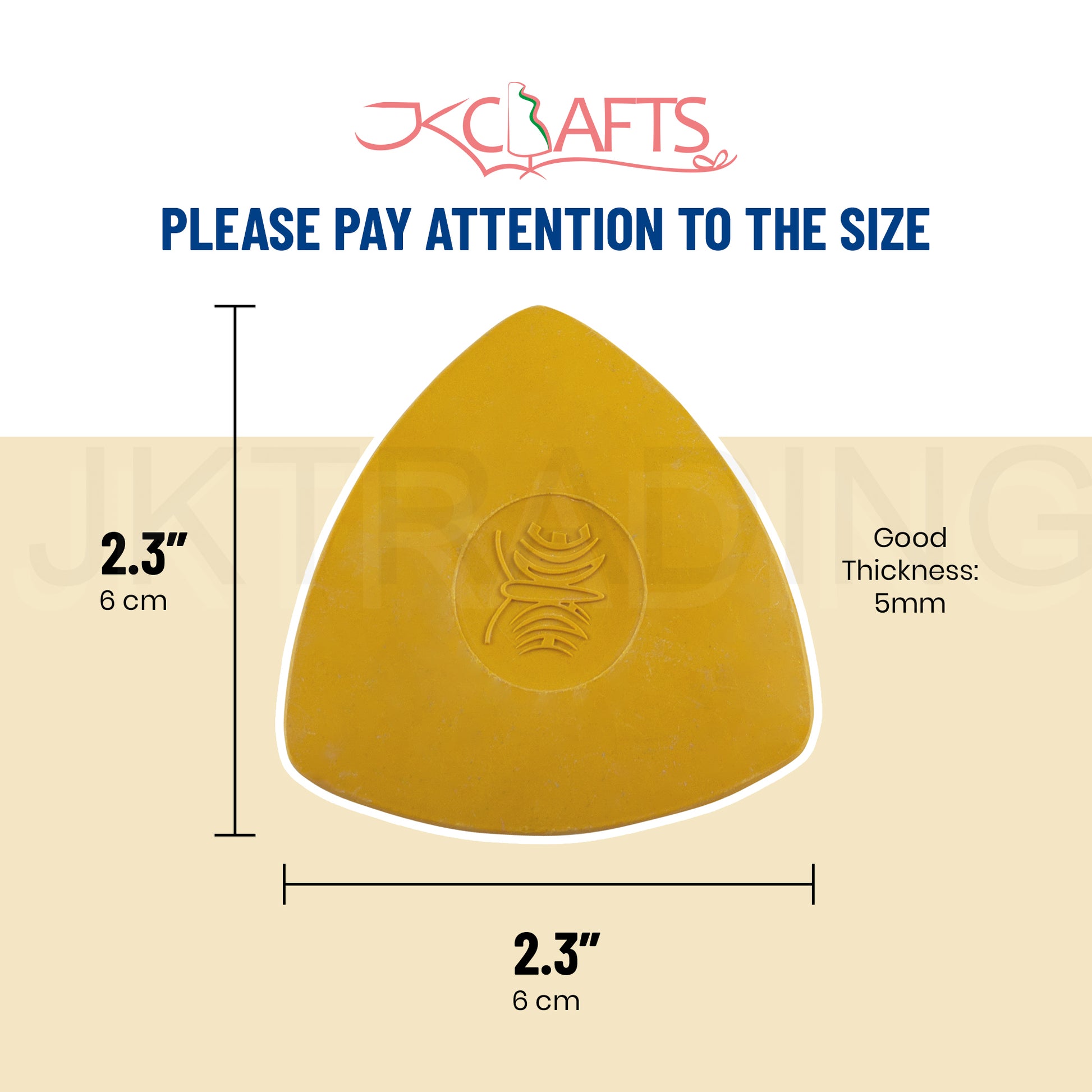 Sizing diagram displaying the exact 2.1 inch width and 2.3 inch height dimensions of a yellow triangular sewing chalk block.