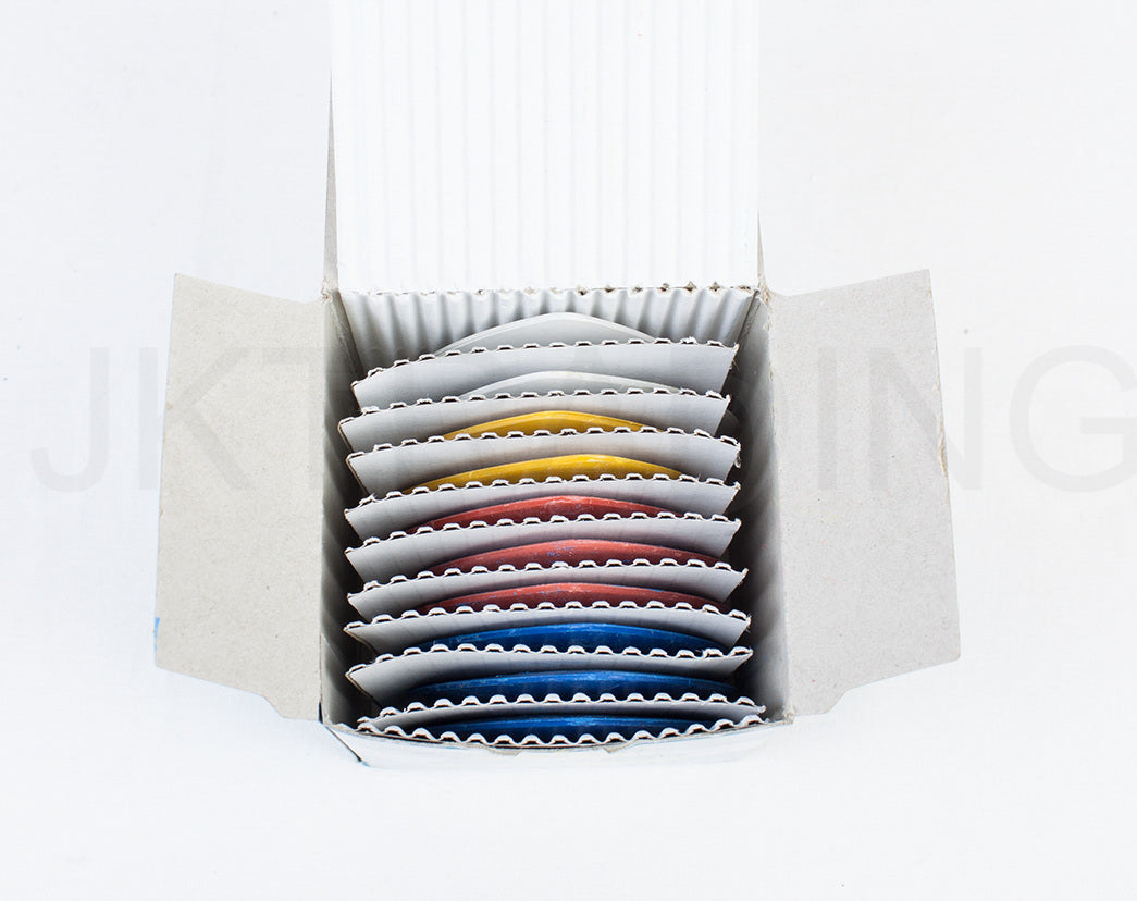 Top-down perspective of 10 multi-colored triangular fabric markers neatly organized inside a protective cardboard box.