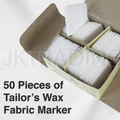 Open box showing a bulk pack of 50 pieces of professional white fabric marking wax crayons.