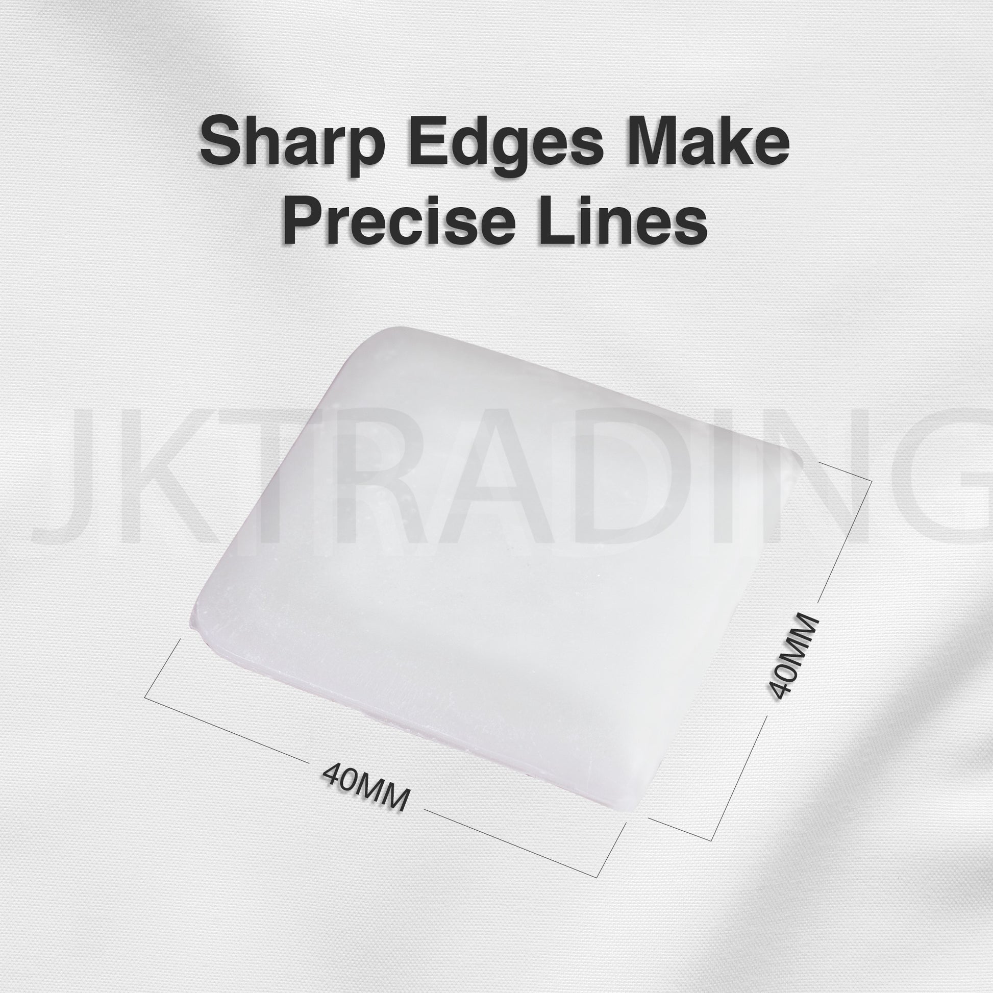 Dimension graphic displaying the precise millimeter square measurements and sharp edges of the sewing wax block.